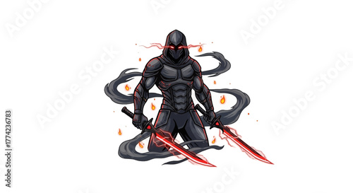 Fierce ninja warrior with glowing red eyes and dual swords, surrounded by smoke and flames, embodying power and mystery