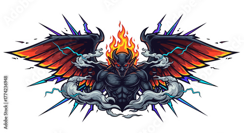Fiery winged demon illustration for intense fantasy designs and dark themes, perfect for gaming and horror projects, showcasing power and mystique