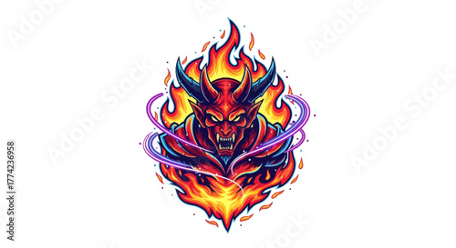 Fiery devil with horns and glowing eyes, a menacing mascot illustration for gaming, esports, or dark fantasy projects that demand a bold, striking design