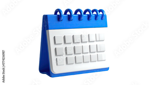 A 3D rendered, blue and white desk calendar against a dark background