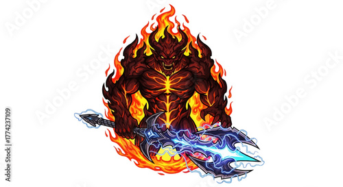Powerful fiery demon warrior wielding a lightning-infused weapon, exuding raw power and infernal energy for epic fantasy or gaming concepts.