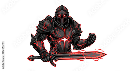 Fierce dark knight in glowing red armor wields a powerful enchanted sword ready for epic battle