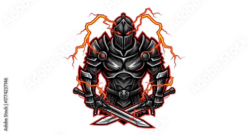 Fierce dark knight warrior with glowing red eyes and crossed swords, surrounded by crackling orange lightning, exuding power and readiness for battle.