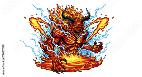 Fierce fiery demon erupts with lightning and inferno power, showcasing primal energy and mythical might for dark fantasy projects.