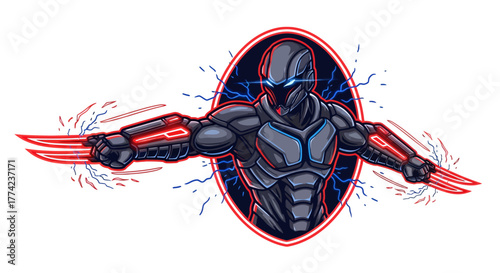 Dynamic cyborg warrior with glowing red energy blades and electric blue accents ready for action