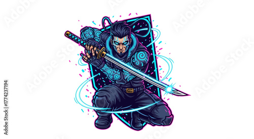 Fierce warrior with glowing sword readies for combat in dynamic neon battle scene