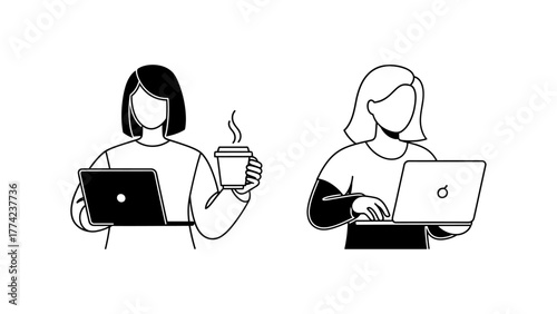 Two women working on laptops, one holding a coffee cup