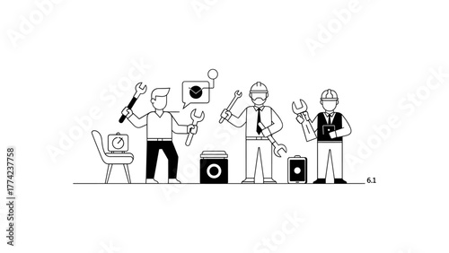 Team of repairmen with tools and equipment, illustration for service and maintenance