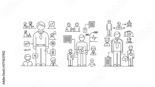 Set of three abstract business concept illustrations with people and icons