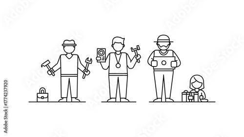 Diverse group of skilled workers with tools and technology, representing various professions
