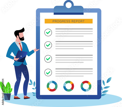 Businessman analyzing progress on giant clipboard with laptop. Man presenting a progress report on a large clipboard with checklist