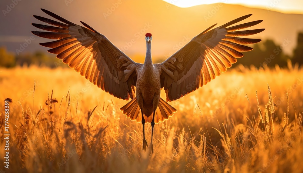 Obraz premium Sandhill crane takes flight in golden prairie at sunrise majestic scene