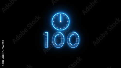 Neon countdown clock illustration. Time 100 days to go symbol.
