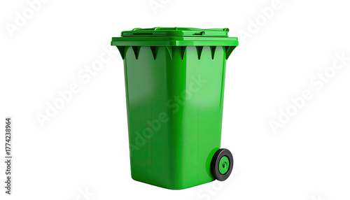 A brightly lit, bright green plastic recycling bin against a stark black background