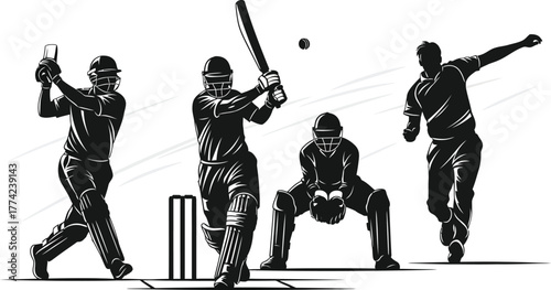 Dynamic cricket team in action, featuring batsman hitting ball, bowler throwing, wicket keeper catching, isolated on white background