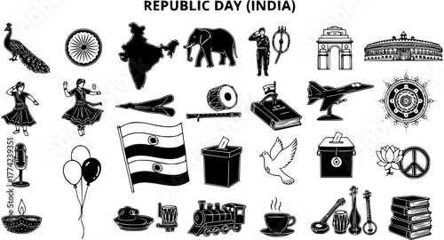 Detailed vector icon set depicting Indian Republic Day symbols, cultural elements, national monuments, and traditional items celebrating India's heritage and patriotism.