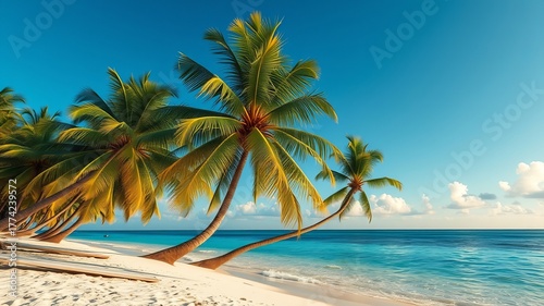 Fototapeta Naklejka Na Ścianę i Meble -  Palm trees sway gently in the breeze on a pristine white sand beach, overlooking the clear turquoise waters of a tropical paradise under a bright blue sky.