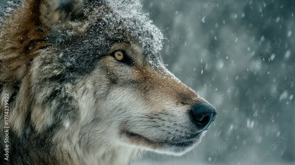 Obraz premium Majestic wolf stands still in snowy landscape during a heavy snowfall
