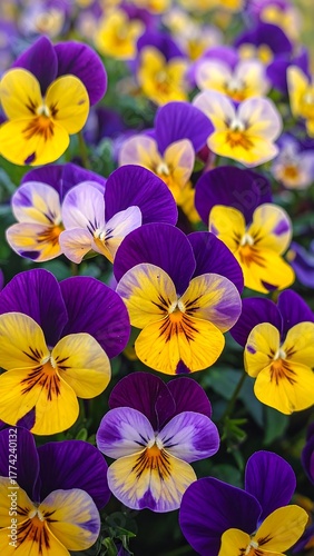 Close-up of vibrant, colorful pansies with yellow and purple petals