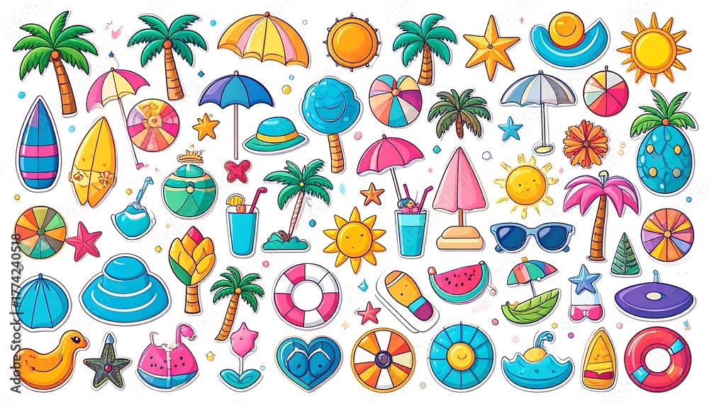 Fototapeta premium Cheerful illustrated collection of various summer-themed objects