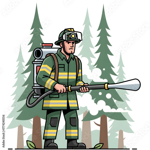 Vector image of a forest firefighter wearing a green uniform, carrying a water sprayer on his back