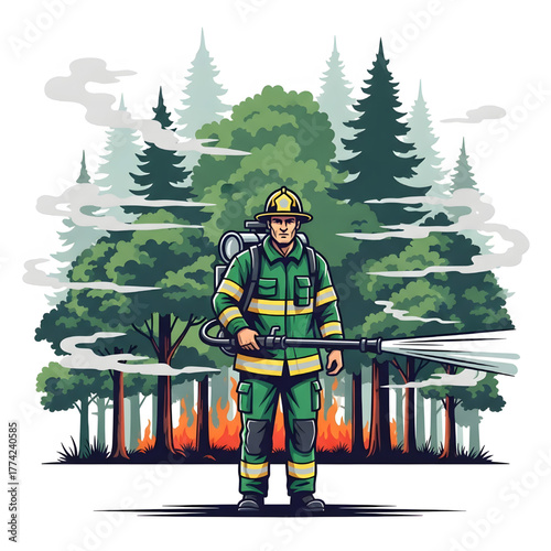Vector image of a forest firefighter wearing a green uniform, carrying a water sprayer on his back