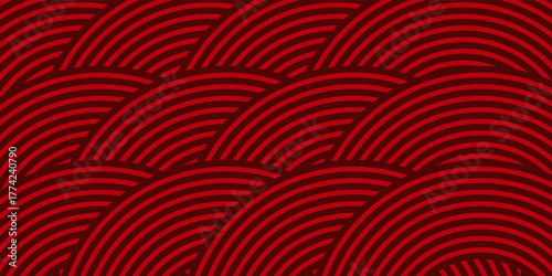 Abstract red glowing geometric lines on dark red background. Modern shiny red circle lines pattern. Futuristic technology concept, perfect for covers, posters, banners, brochures, websites, etc.