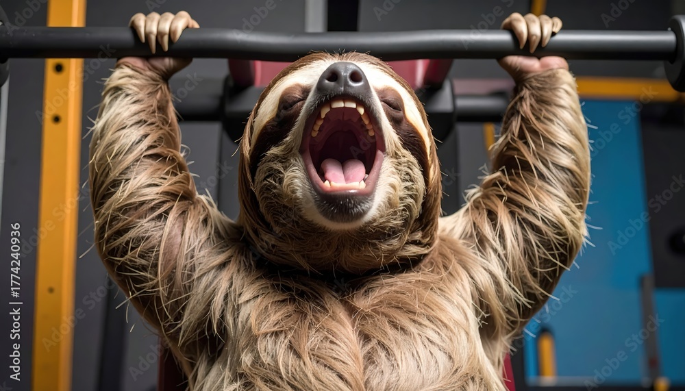 Fototapeta premium Humorous portrayal of a sloth weightlifting in a gym setting during workout