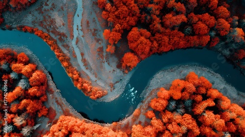 Aerial view of winding river surrounded by orange autumn forest.