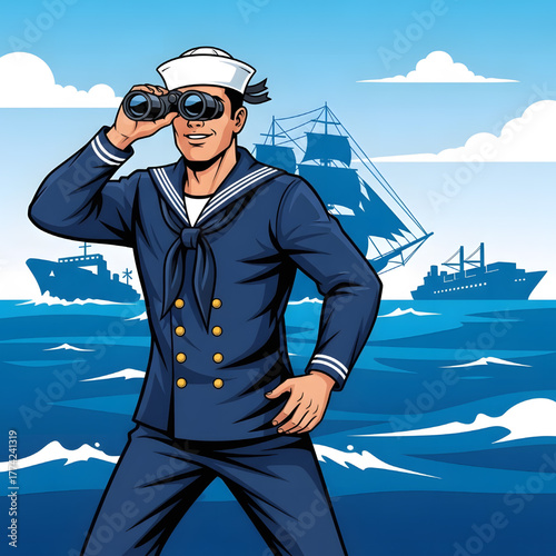 Vector image of a sailor in a naval uniform and hat, holding binoculars