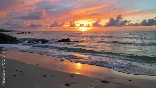 View of a Coastal Horizon During Sunset Featuring a Brilliant Sun and Scattered Cloud