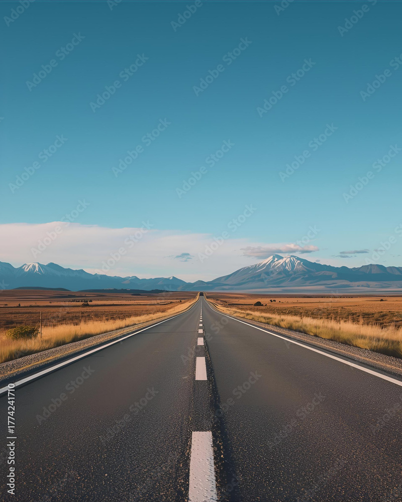 Fototapeta premium long road, mountain landscape, blue sky, open highway, scenic view, travel background, asphalt road, nature scenery, mountain road, clear sky, empty road, distant mountains, straight road, road trip, 