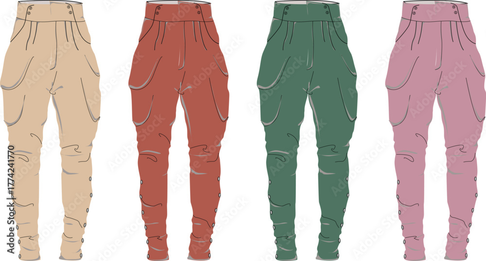 Εκτύπωση καμβά Vector illustration set of colorful women's jodhpurs pants, showcasing classic e