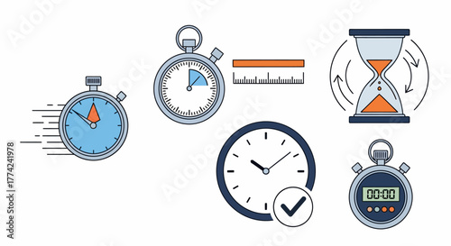 Time Management Tools Vector Illustration Clocks, Stopwatches, and Hourglass