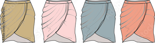 Fashion technical flat illustration set of a women's wrap skirt design concept in multiple colorways. Garment mockup template for clothing collection