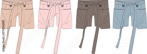 Set of women's casual shorts with a tie belt and pockets. Fashion flat sketch template presented in a soft color palette for apparel collection design