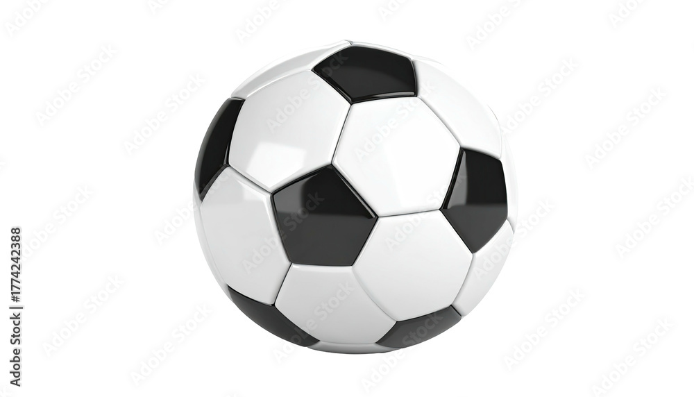 Obraz premium Isolated glossy ball, black and white pentagons, spheres, perspective view on dark bg