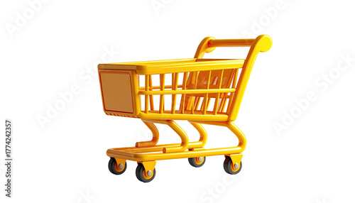 Rendered, bright yellow shopping cart floating against a solid black background