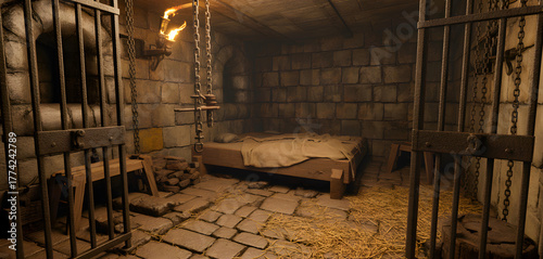 Old medieval prison cell interior with stone walls, iron bars, and dim torch lighting creating dramatic atmosphere.