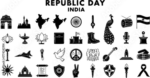 Indian Republic Day Icons Set: National Symbols, Landmarks, and Cultural Elements Silhouettes Illustrating India's Rich Heritage and Celebration