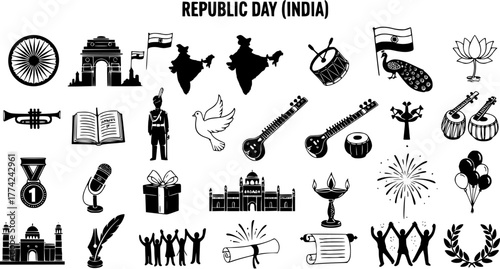 Republic Day India vector icon set, collection of national symbols for celebration, independence, and patriotism