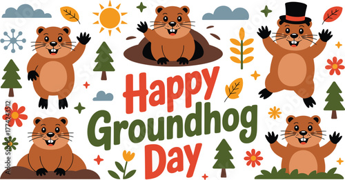 Adorable Cartoon Groundhogs With Festive Autumnal Elements Illustrating Happy Groundhog Day Celebration on a White Background