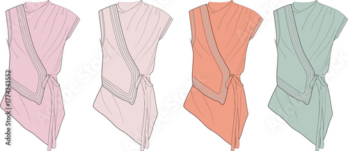 A Collection of Draped Tunics in Various Pastel Colors - Fashion Design Sketches