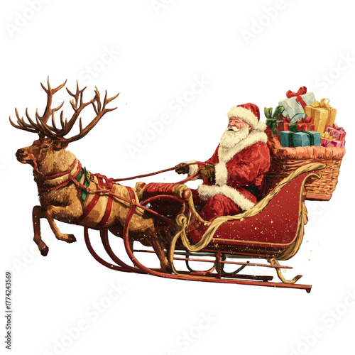 Classic illustration of Santa Claus riding his sleigh with a reindeer.