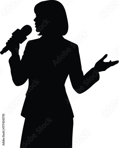 Silhouette of a professional woman speaking into a microphone.