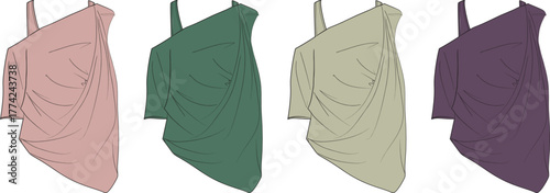 Set of women's one-shoulder draped tops in different colors. Vector fashion technical flat sketch illustration for apparel design