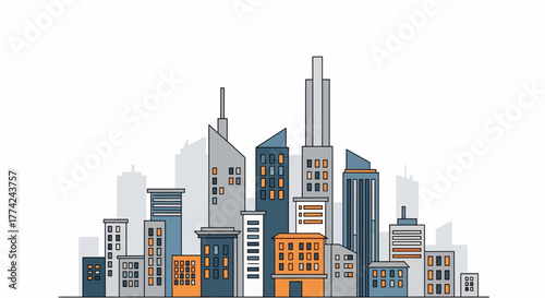 Vector Cityscape Illustration A Modern Urban Skyline with Skyscrapers and City Buildings in a Simple Flat Design