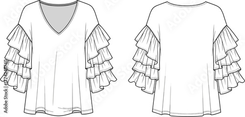 Women blouse technical flat sketch, v neck front, round neck back, layered ruffle sleeve, loose fit, cad drawing flat vector illustration