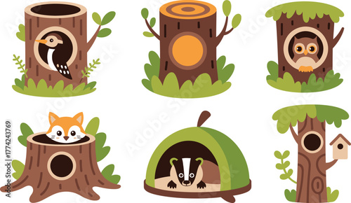 Cartoon Animals in Tree Stumps, Woodland Creatures, Forest Wildlife, Cute Badger Home, Birdhouse Illustration