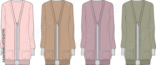 Vector illustration set of a women's casual zip-front cardigan. Technical flat sketch and clothing design concept for an apparel collection shown in four muted color variations